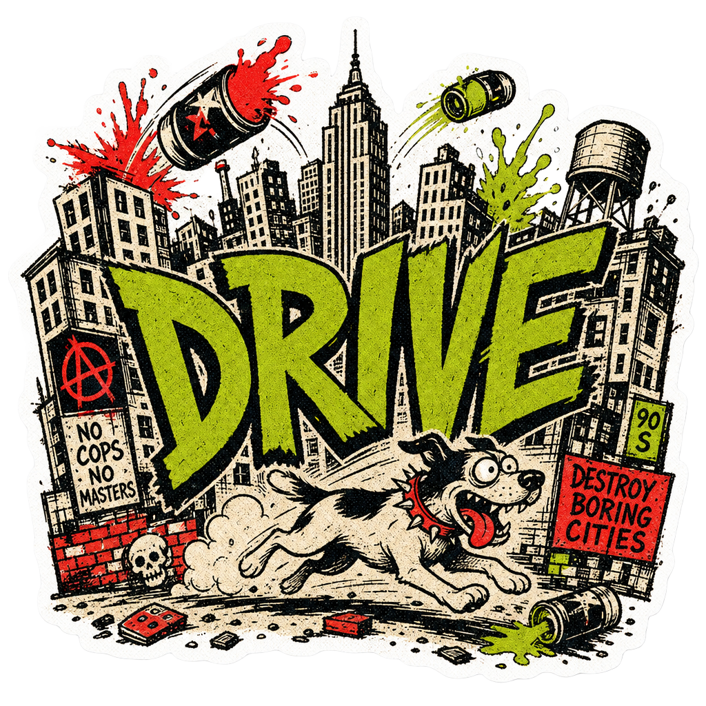 Sticker punk com a palavra Drive sobre uma cidade em caos