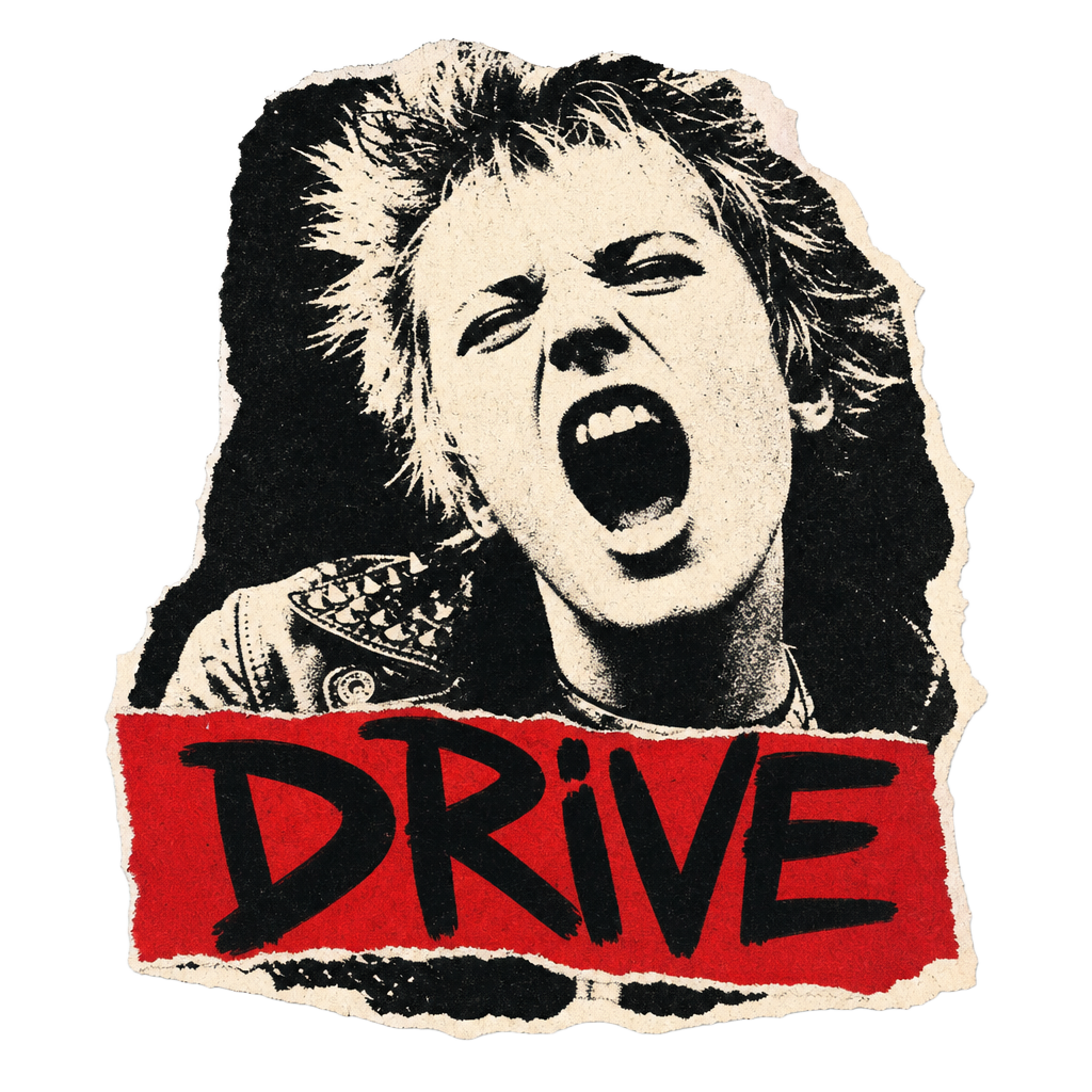 Sticker xerox punk com faixa vermelha escrita Drive